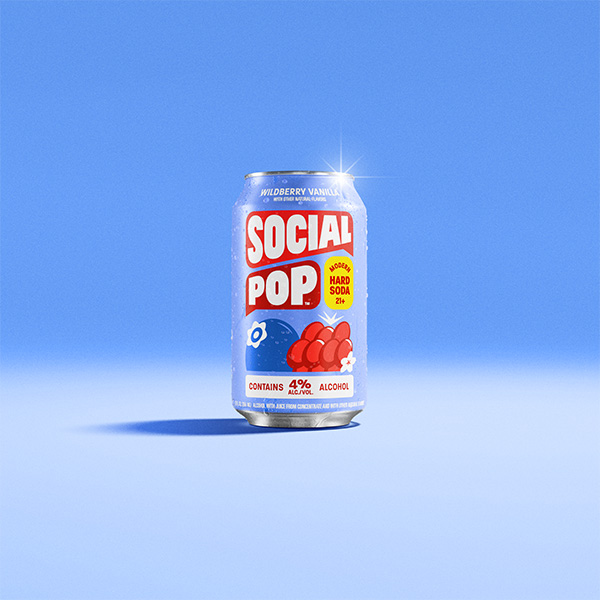 A can of Social Pop Wildberry Vanilla sitting in a blue room