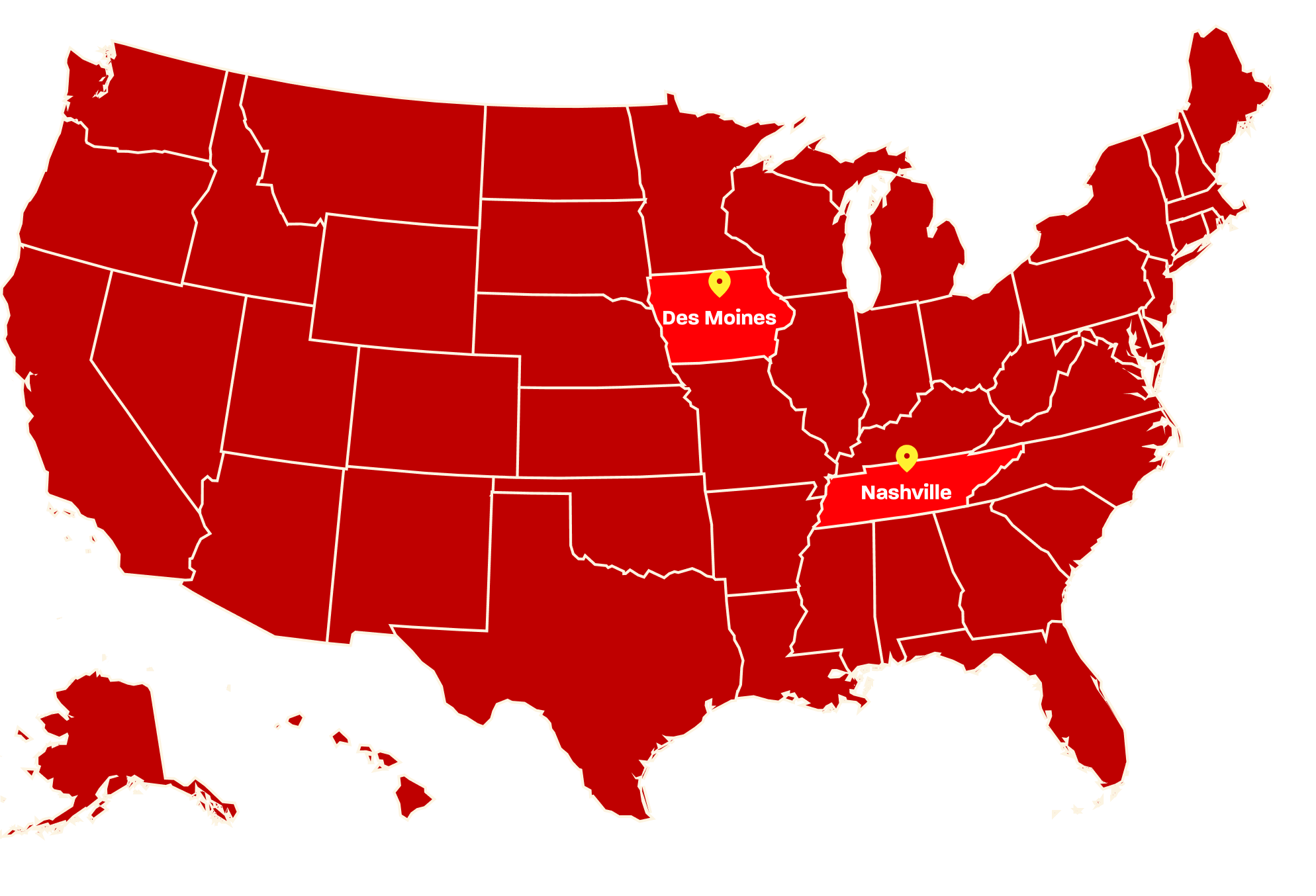 A map showing availability of Social Pop in Des Moines and Nashville