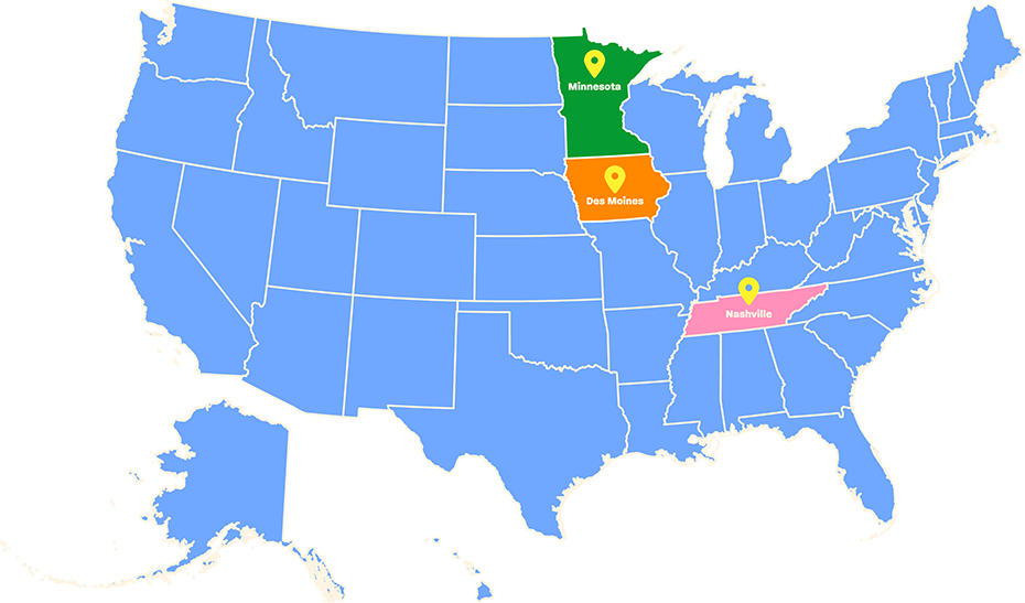 Social Pop distribution map. Can find in all of Minnesota, Nashville Tennessee and Des Moines Iowa.
